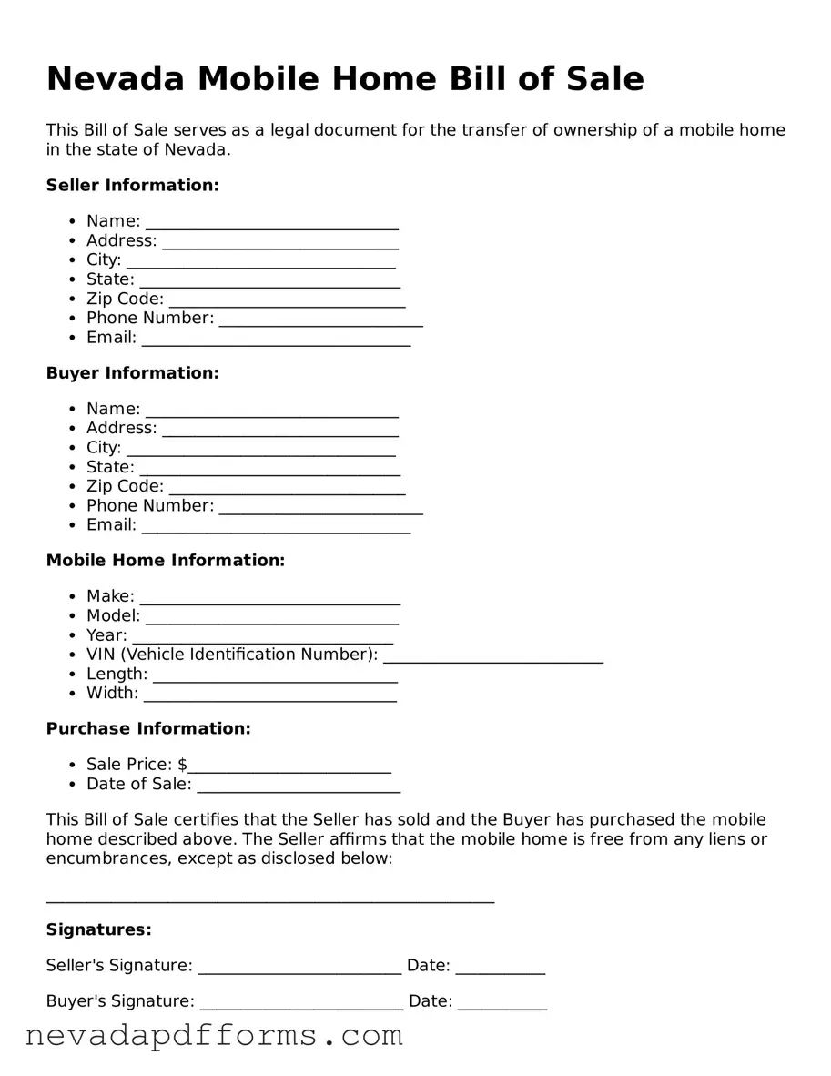 Printable  Mobile Home Bill of Sale Document for Nevada