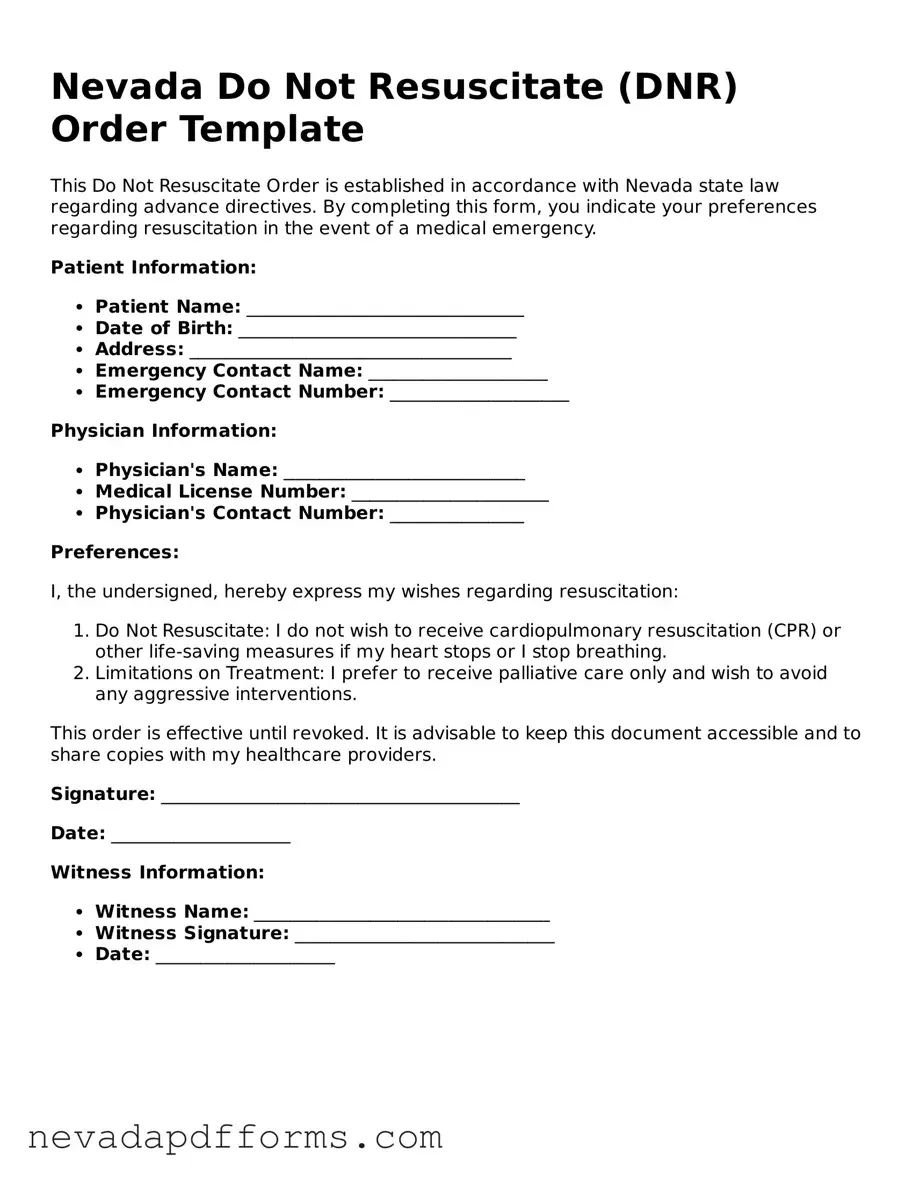 Printable  Do Not Resuscitate Order Document for Nevada