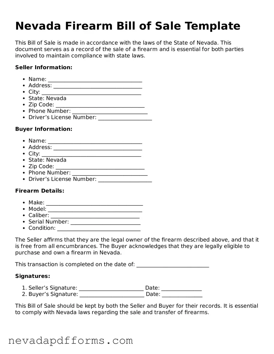 Printable  Firearm Bill of Sale Document for Nevada