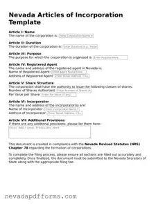 Printable  Articles of Incorporation Document for Nevada