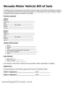 Printable  Motor Vehicle Bill of Sale Document for Nevada