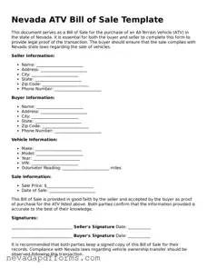 Printable  ATV Bill of Sale Document for Nevada