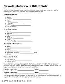 Printable  Motorcycle Bill of Sale Document for Nevada