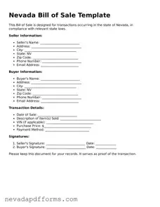 Printable  Bill of Sale Document for Nevada
