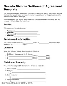 Printable  Divorce Settlement Agreement Document for Nevada
