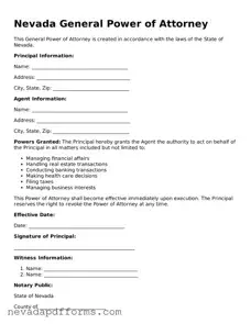 Printable  General Power of Attorney Document for Nevada
