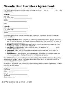 Printable  Hold Harmless Agreement Document for Nevada