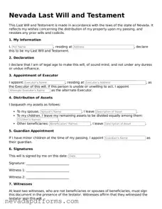 Printable  Last Will and Testament Document for Nevada