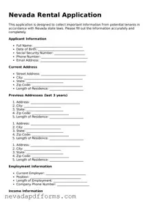 Printable  Rental Application Document for Nevada
