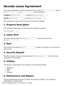 Printable  Lease Agreement Document for Nevada