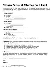 Printable  Power of Attorney for a Child Document for Nevada