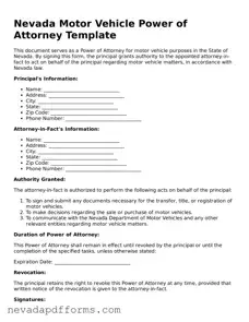 Printable  Motor Vehicle Power of Attorney Document for Nevada