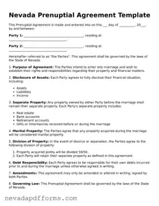Printable  Prenuptial Agreement Document for Nevada