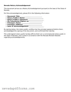 Printable  Notary Acknowledgement Document for Nevada