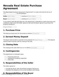 Printable  Real Estate Purchase Agreement Document for Nevada